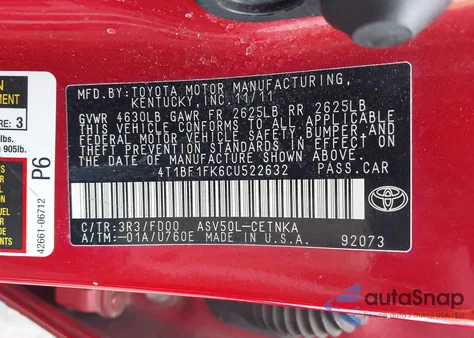2012 Toyota Camry Le from USA, damaged, VIN 4T1BF1FK6CU522632